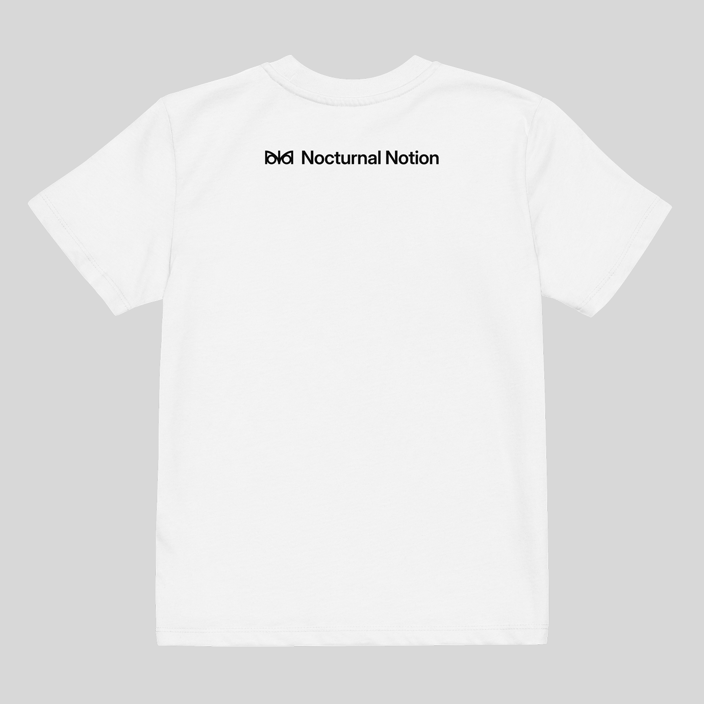 White t-shirt with 'Nocturnal Notion' logo on a gray background