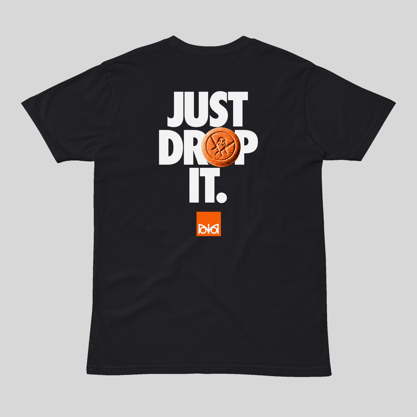 Black t-shirt with 'Just Drop It' text and tablet graphic on a gray background