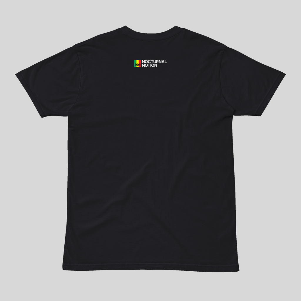 Black t-shirt with a nocturnal notion logo on the chest against a gray background