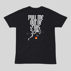 Black t-shirt with graphic design and text on a gray background