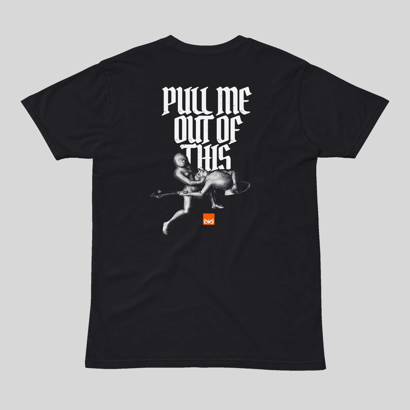 Black t-shirt with graphic design and text on a gray background