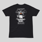 Black t-shirt with 'system sesh' graphic design on a gray background