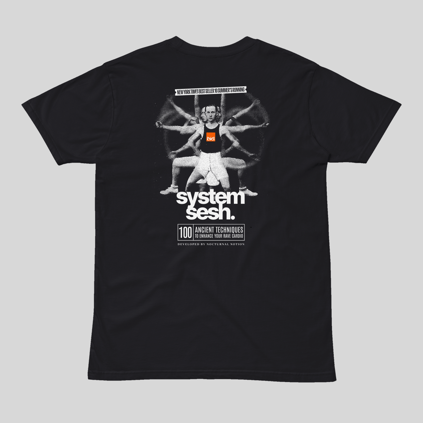 Black t-shirt with 'system sesh' graphic design on a gray background