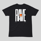 Black t-shirt with 'RAVE' text on a gray background