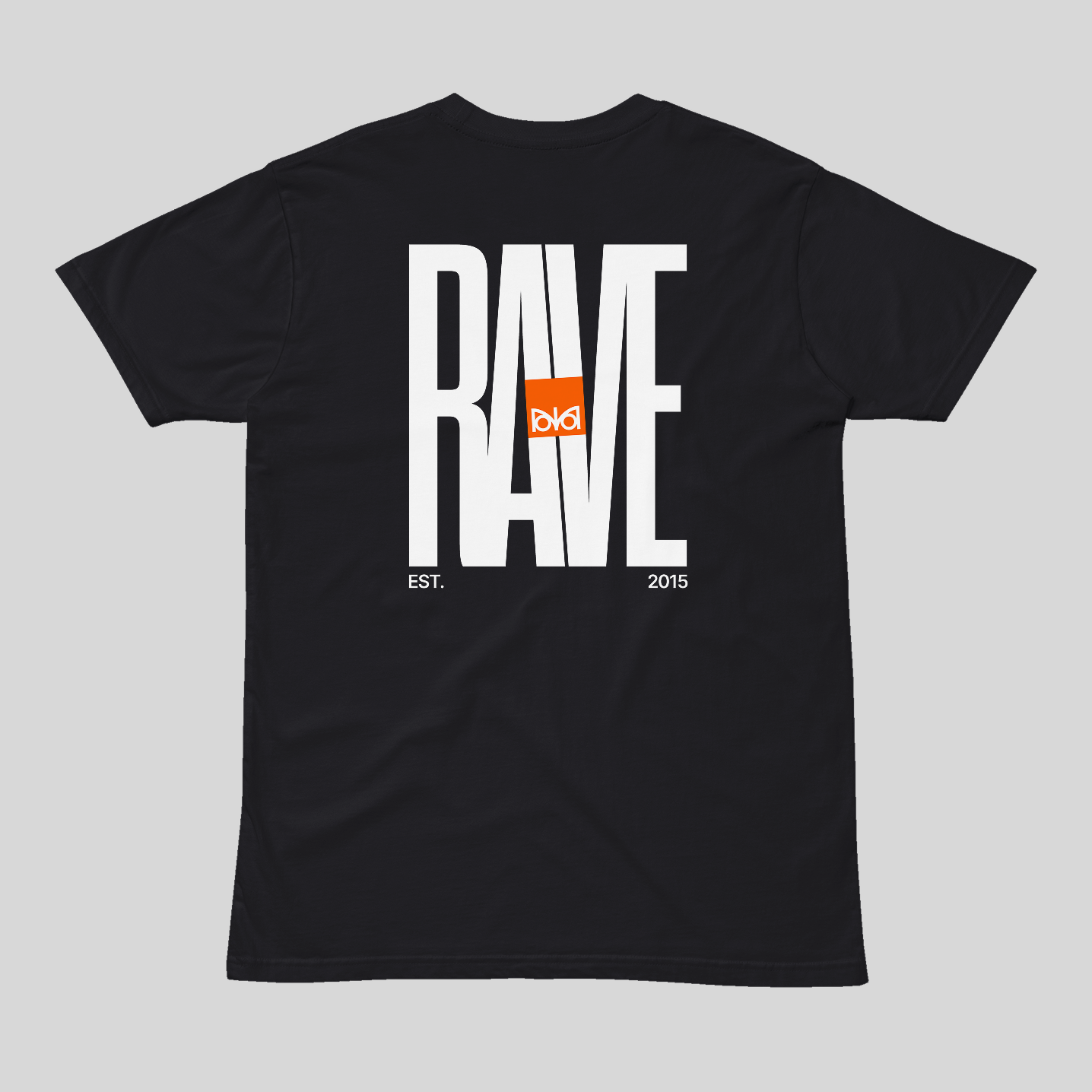 Black t-shirt with 'RAVE' text on a gray background