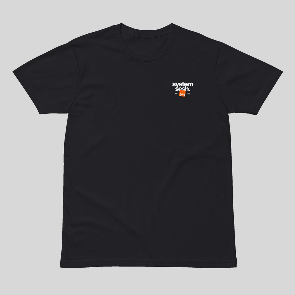 Black t-shirt with a small logo on a light gray background