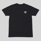 Black t-shirt with a small logo on a light gray background