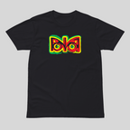 Black t-shirt with colorful 'NN LOGO' graphic on a gray background