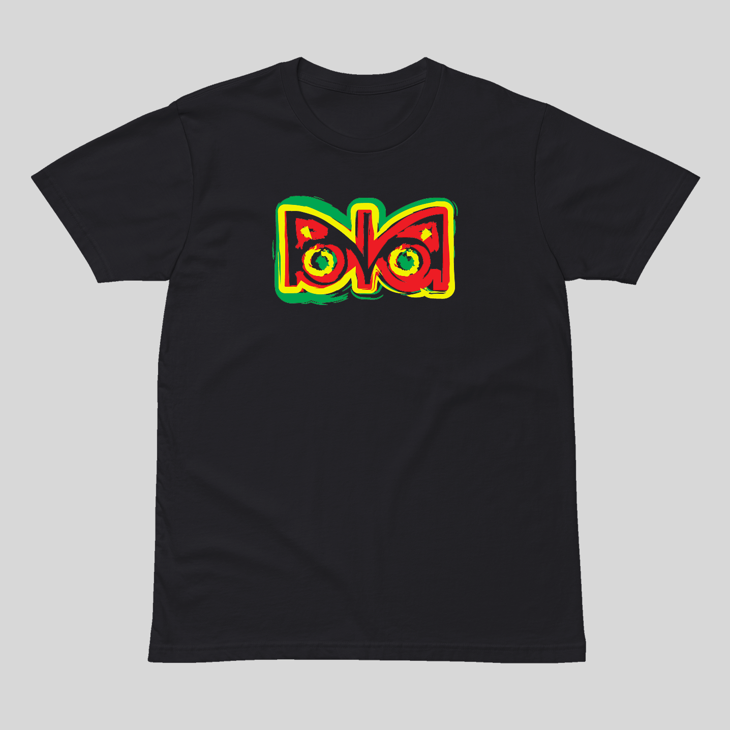 Black t-shirt with colorful 'NN LOGO' graphic on a gray background