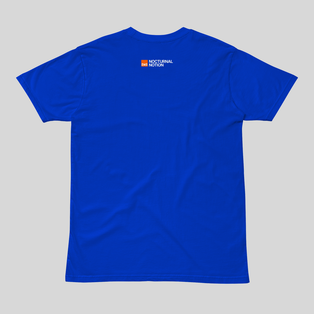 Blue t-shirt with a logo on the chest against a gray background