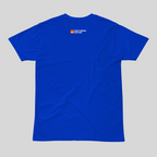 Blue t-shirt with a logo on the chest against a gray background