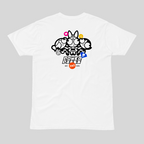 White t-shirt with colorful graphic design on a gray background