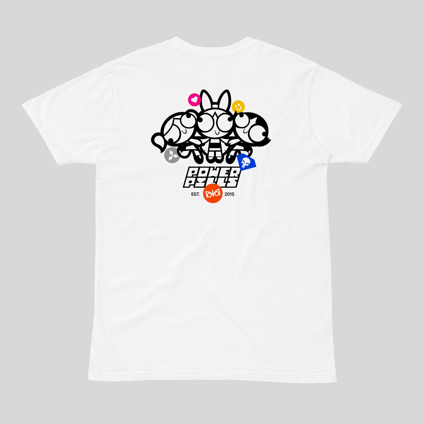 White t-shirt with colorful graphic design on a gray background