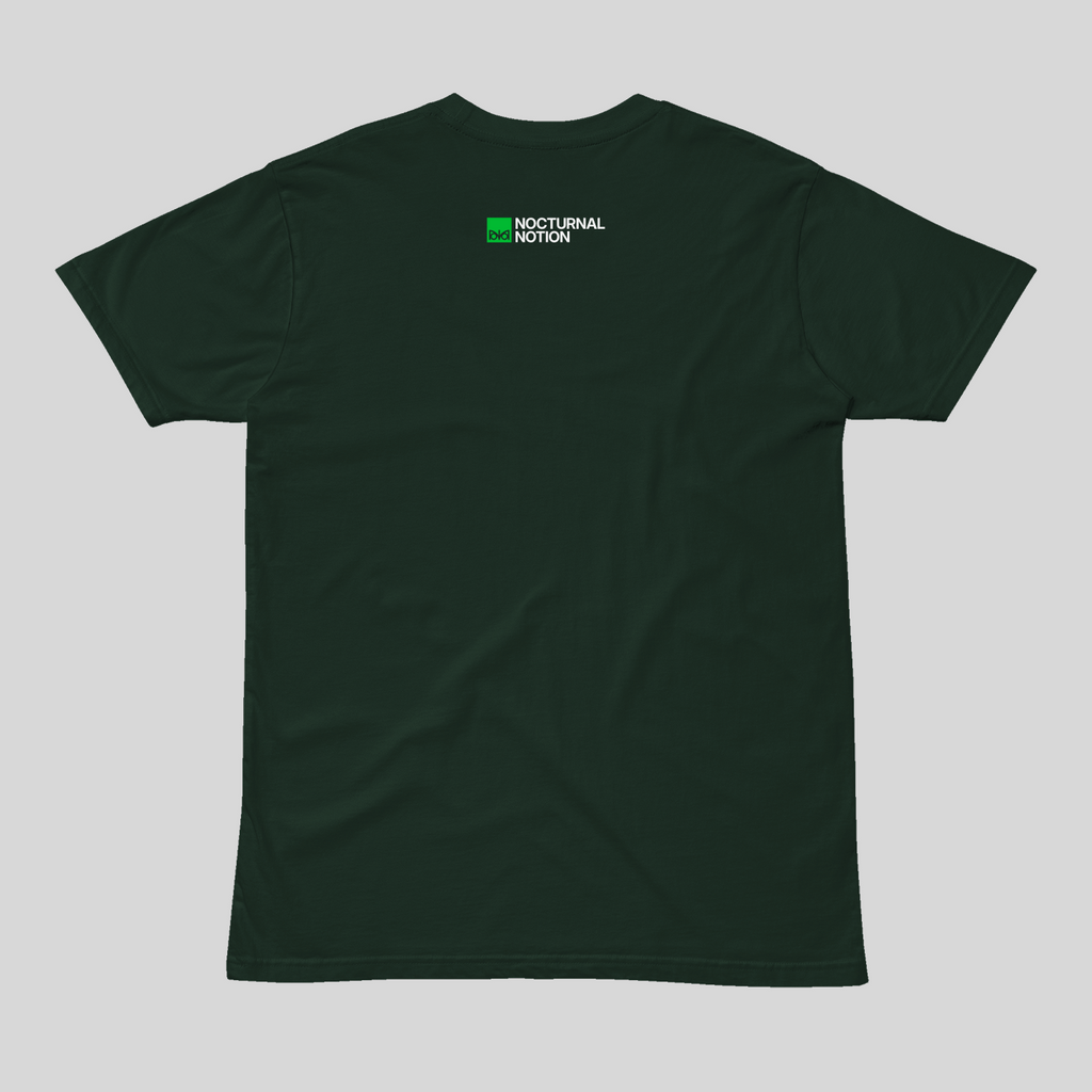 Dark green t-shirt with a logo on the chest against a light gray background