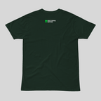 Dark green t-shirt with a logo on the chest against a light gray background