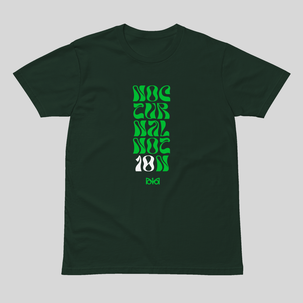 Green t-shirt with green text on a light gray background