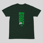 Green t-shirt with green text on a light gray background