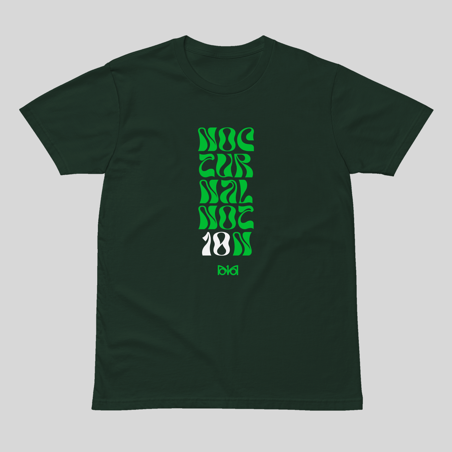 Green t-shirt with green text on a light gray background