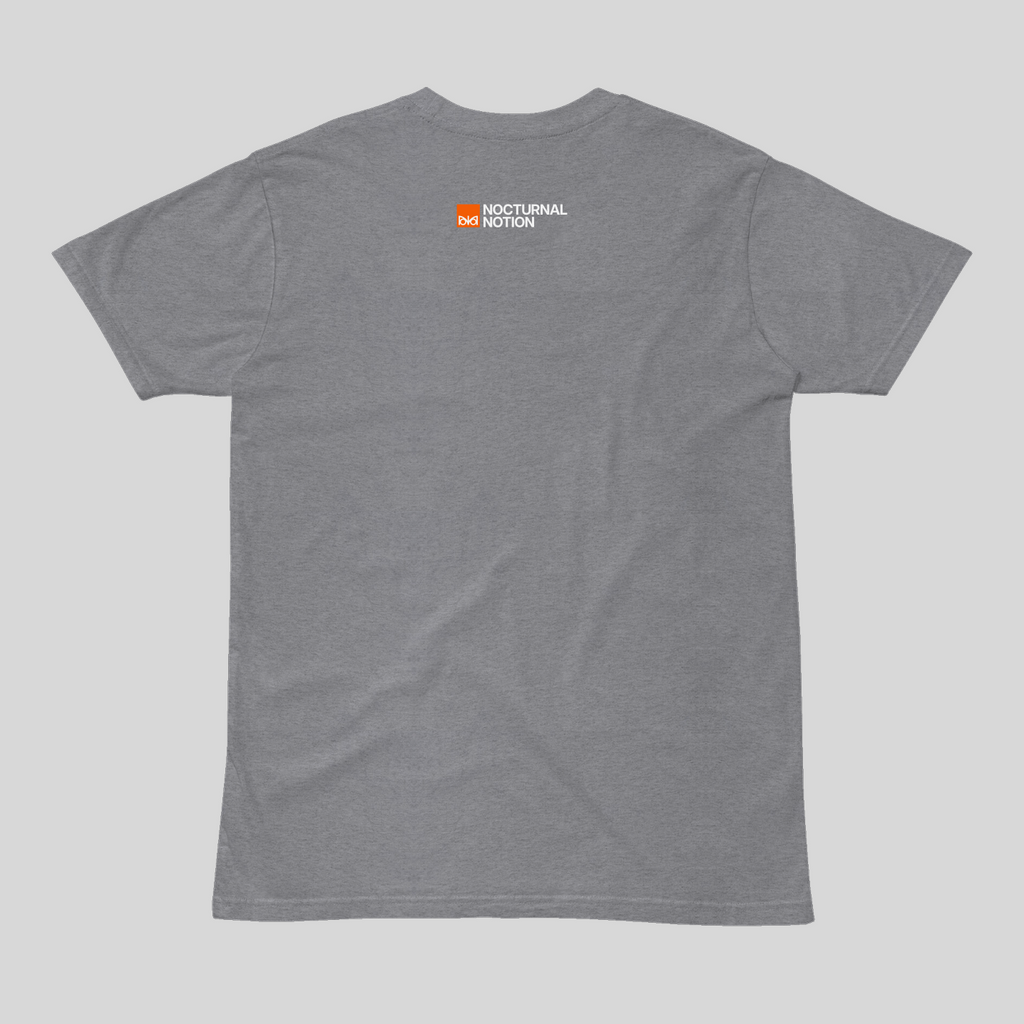 Gray t-shirt with a logo on the back against a light gray background