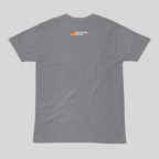 Gray t-shirt with a logo on the back against a light gray background