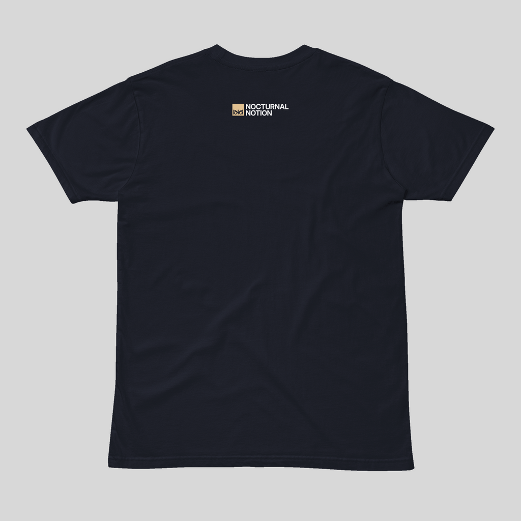 Black t-shirt with a logo on the chest against a light gray background