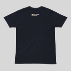 Black t-shirt with a logo on the chest against a light gray background