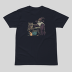 Black t-shirt with a wizard and owl graphic on a light gray background