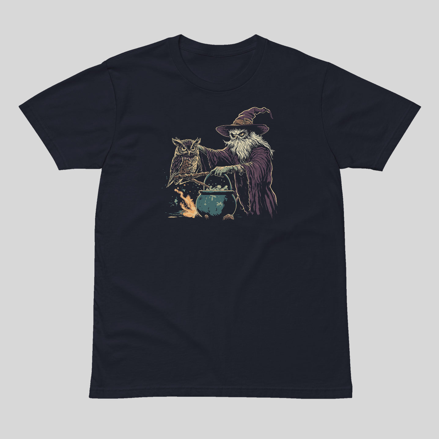 Black t-shirt with a wizard and owl graphic on a light gray background