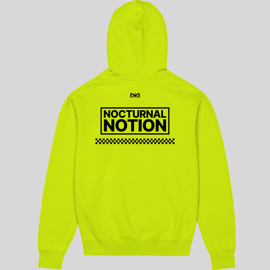 Neon green hoodie with 'Nocturnal Notion' text on a gray background