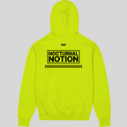 Neon green hoodie with 'Nocturnal Notion' text on a gray background