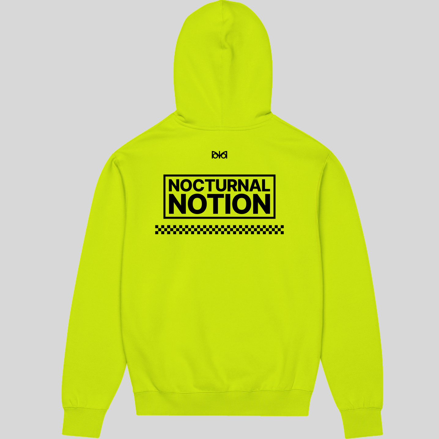 Neon green hoodie with 'Nocturnal Notion' text on a gray background