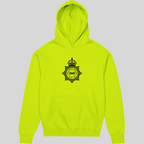 Neon green hoodie with a black logo on a gray background