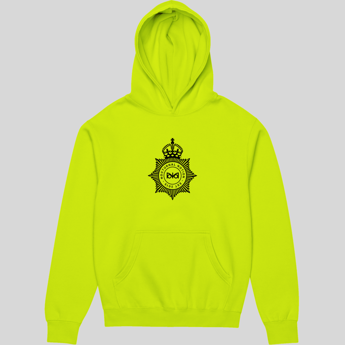 Neon green hoodie with a black logo on a gray background