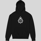 Black hoodie with a white logo on a gray background