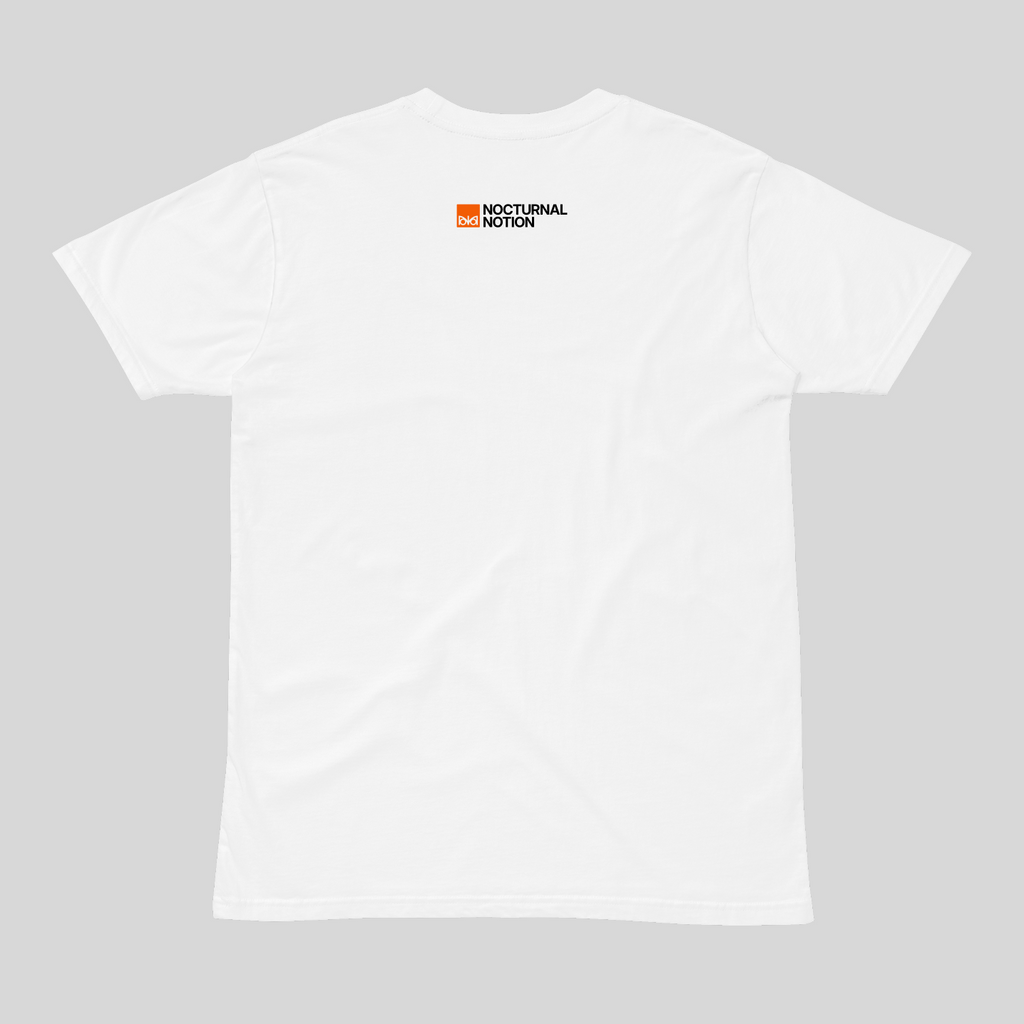 White t-shirt with a logo on a gray background