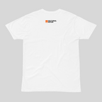 White t-shirt with a logo on a gray background