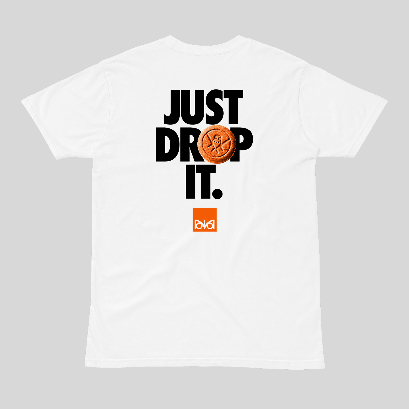 White t-shirt with 'Just Drop It' text and tablet graphic on a gray background