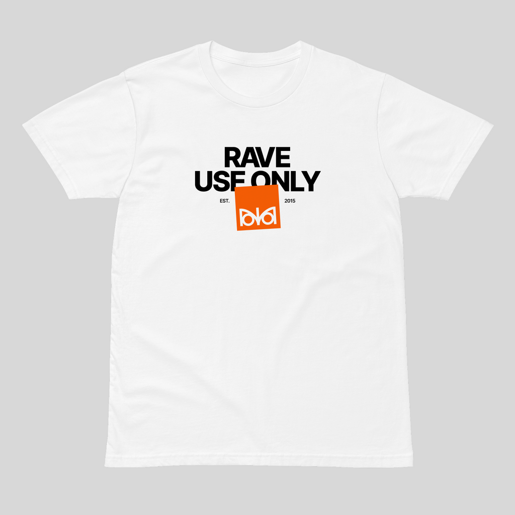 White t-shirt with 'Rave Use Only' text and logo on a gray background