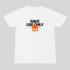 White t-shirt with 'Rave Use Only' text and logo on a gray background