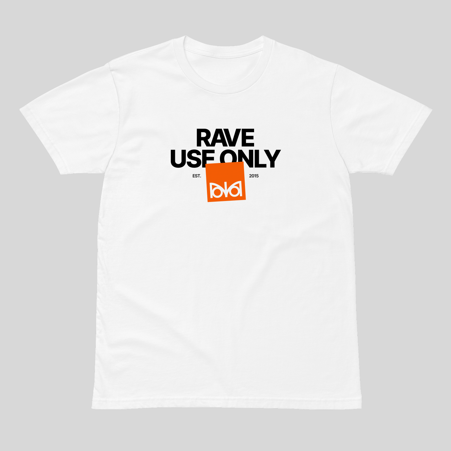 White t-shirt with 'Rave Use Only' text and logo on a gray background