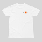 White t-shirt with a small orange logo on a gray background